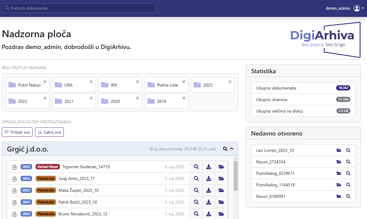 DigiArhiva sučelje - pregled dokumenata